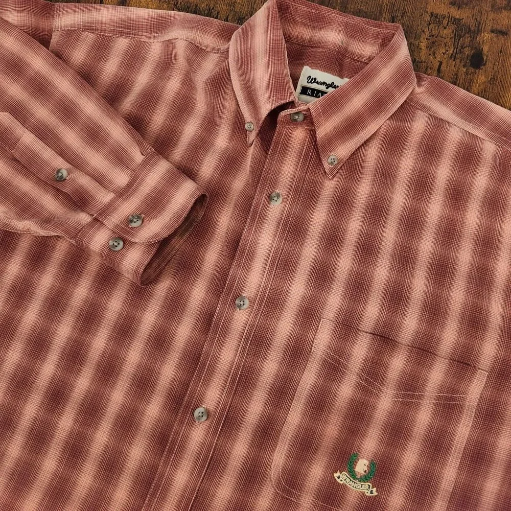 Wrangler Riata Mens Button Down Shirt Size‎ Medium Red Plaid Long Sleeve Western